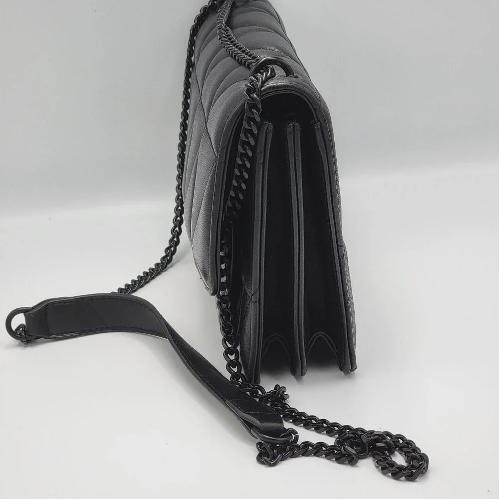 Black Quilted Genuine Leather Crossbody Bag With Chain Strap & Magnetic Closure - Picture 2 of 12